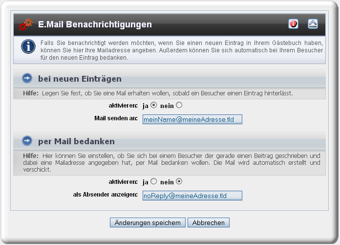 Men� zur Einstellung von E.-Mailbenachrichtigungen
